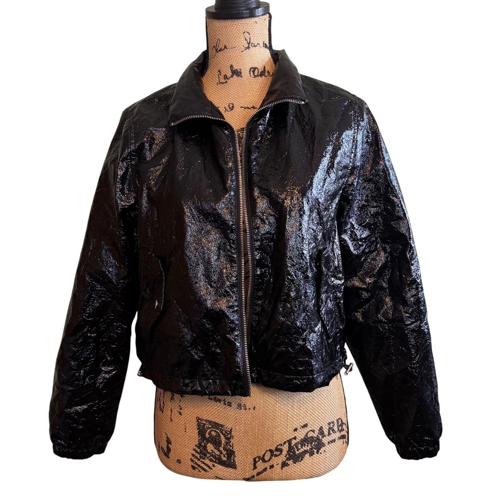 Spoon‎ Jeans Womens Shiny Faux Leather Cropped Bomber Moto Jacket Black Medium